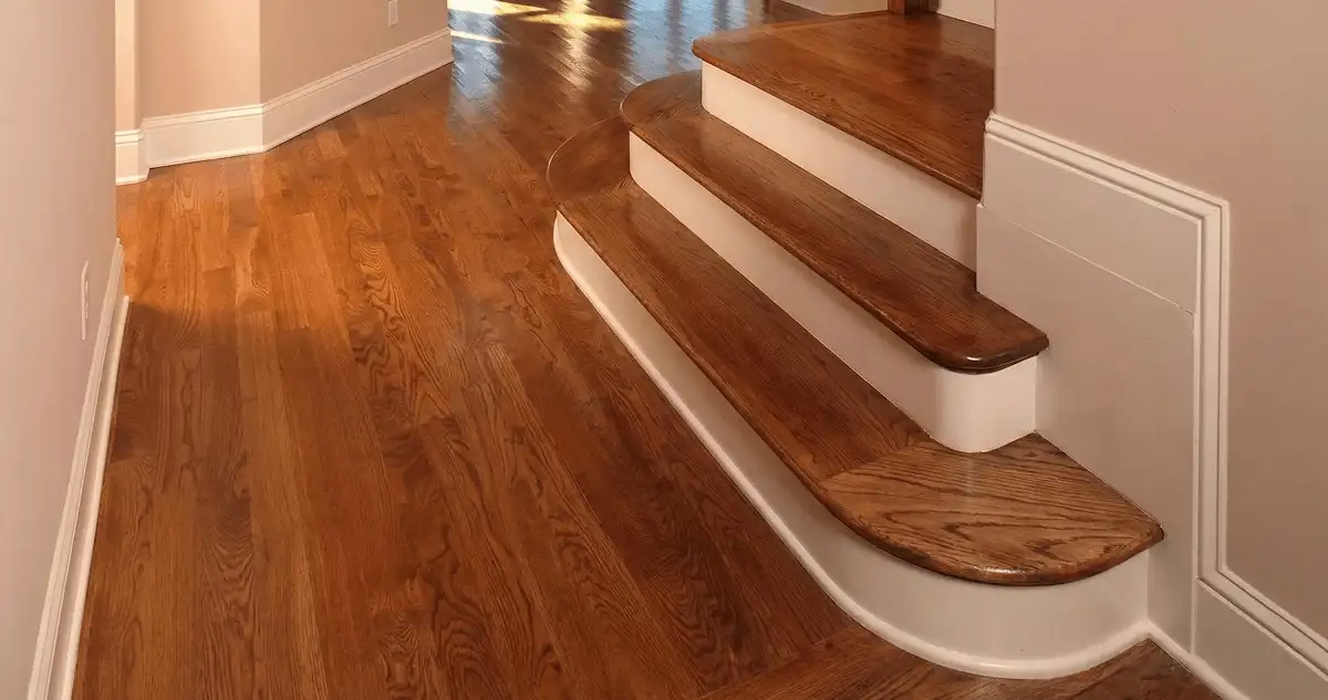 Base floor of a staircase with professionally restored wood flooring in Seattle WA