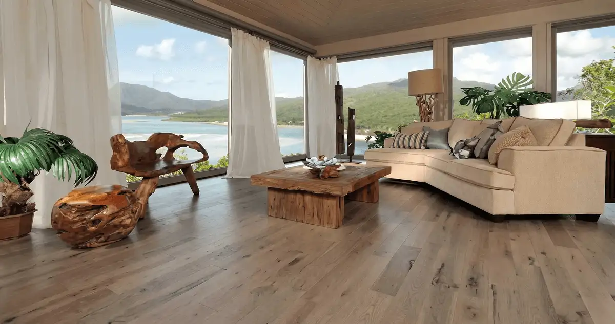 Professionally installed vinyl flooring in a modern living room with large windows in Seattle, WA
